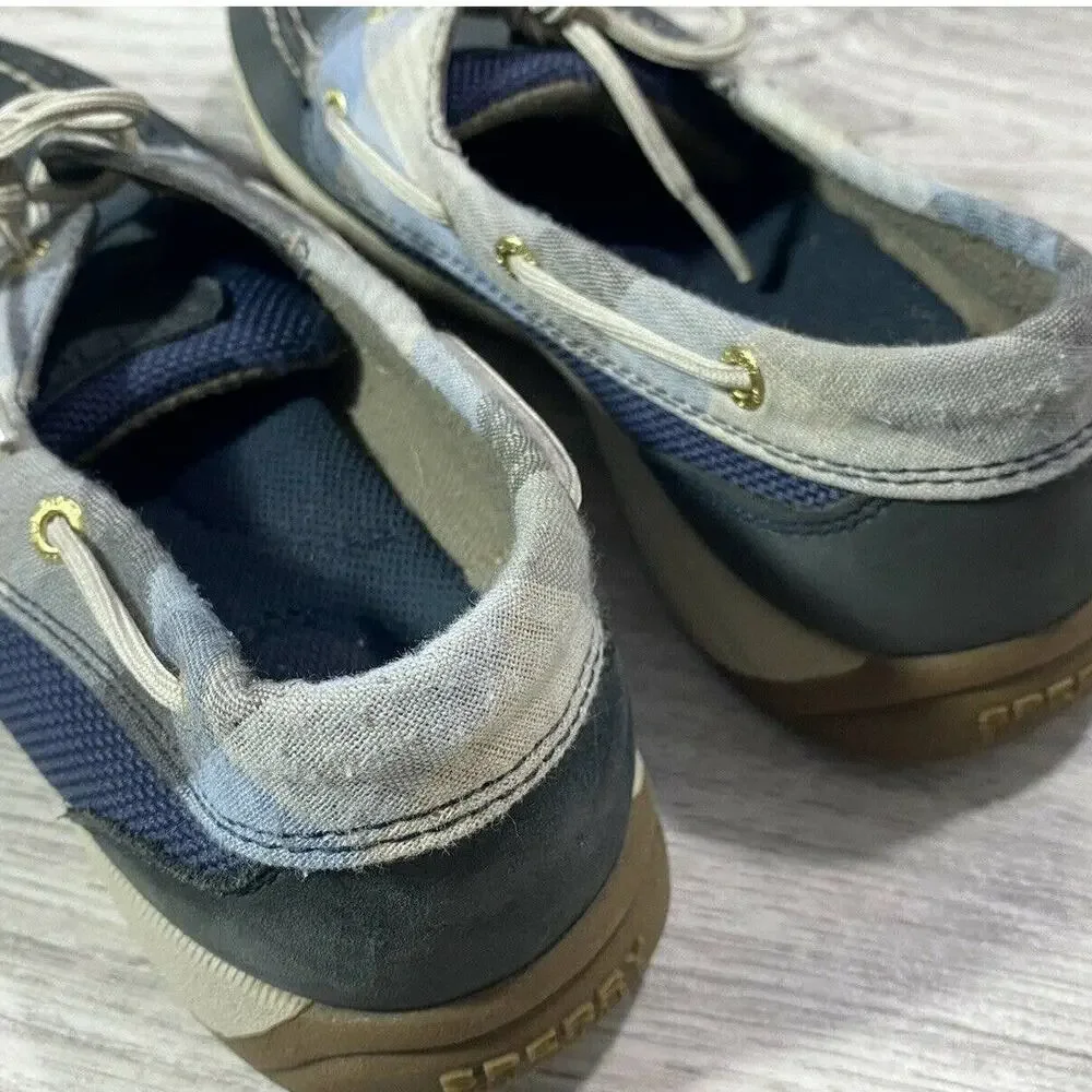 Sperry Top Sider Navy Blue Plaid Boat Shoes Loafers Leather Upper Size 7M